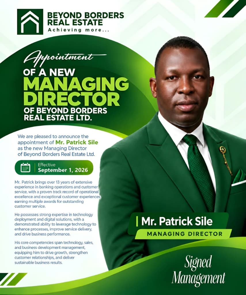 Official announcement of Mr. Patrick Sile as Managing Director of Beyond Borders Real Estate Ltd, effective September 1, 2026.
